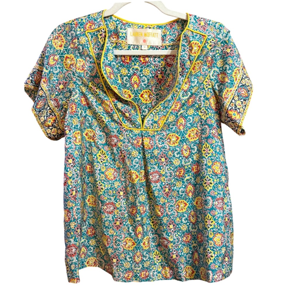 Lauren Moffatt Teal Yellow Paisley 100% Silk Split Neck Blouse Top Size M‎